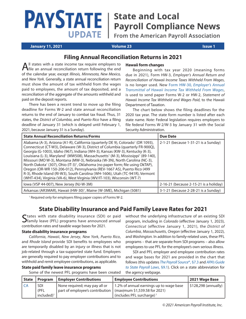 PayState Update, Issue 1, January 11, 2021 page 1
