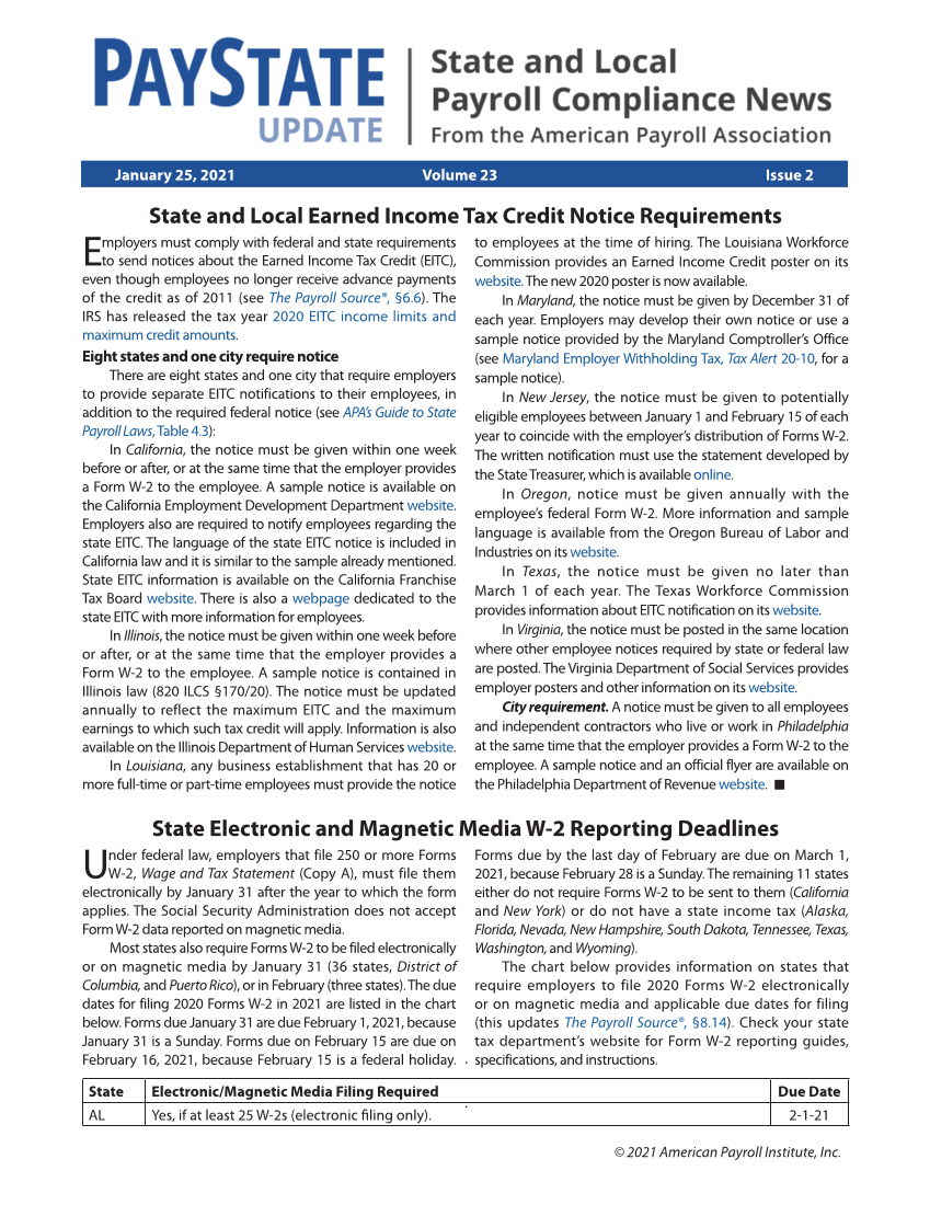 PayState Update, Issue 2, January 25, 2021 page 1