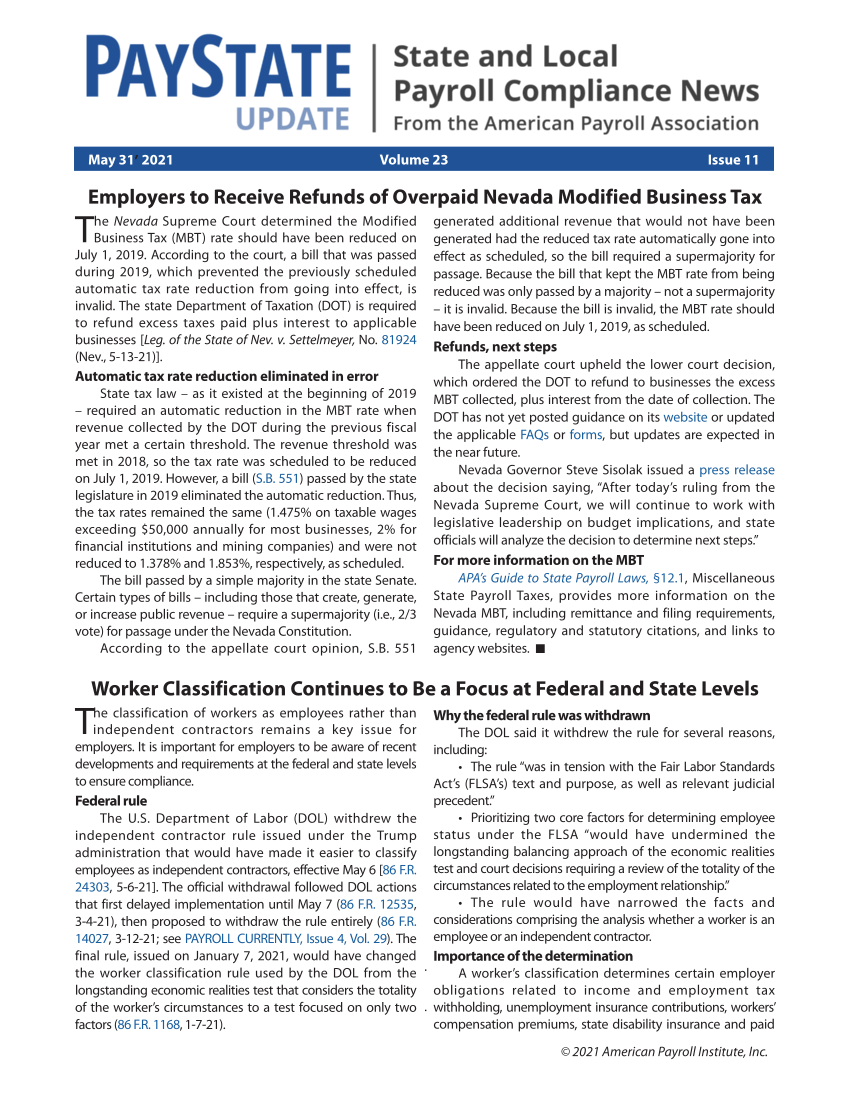 PayState Update, Issue 11, May 31, 2021 page 1