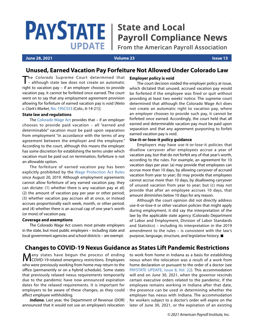 PayState Update, Issue 13, June 28, 2021 page 1
