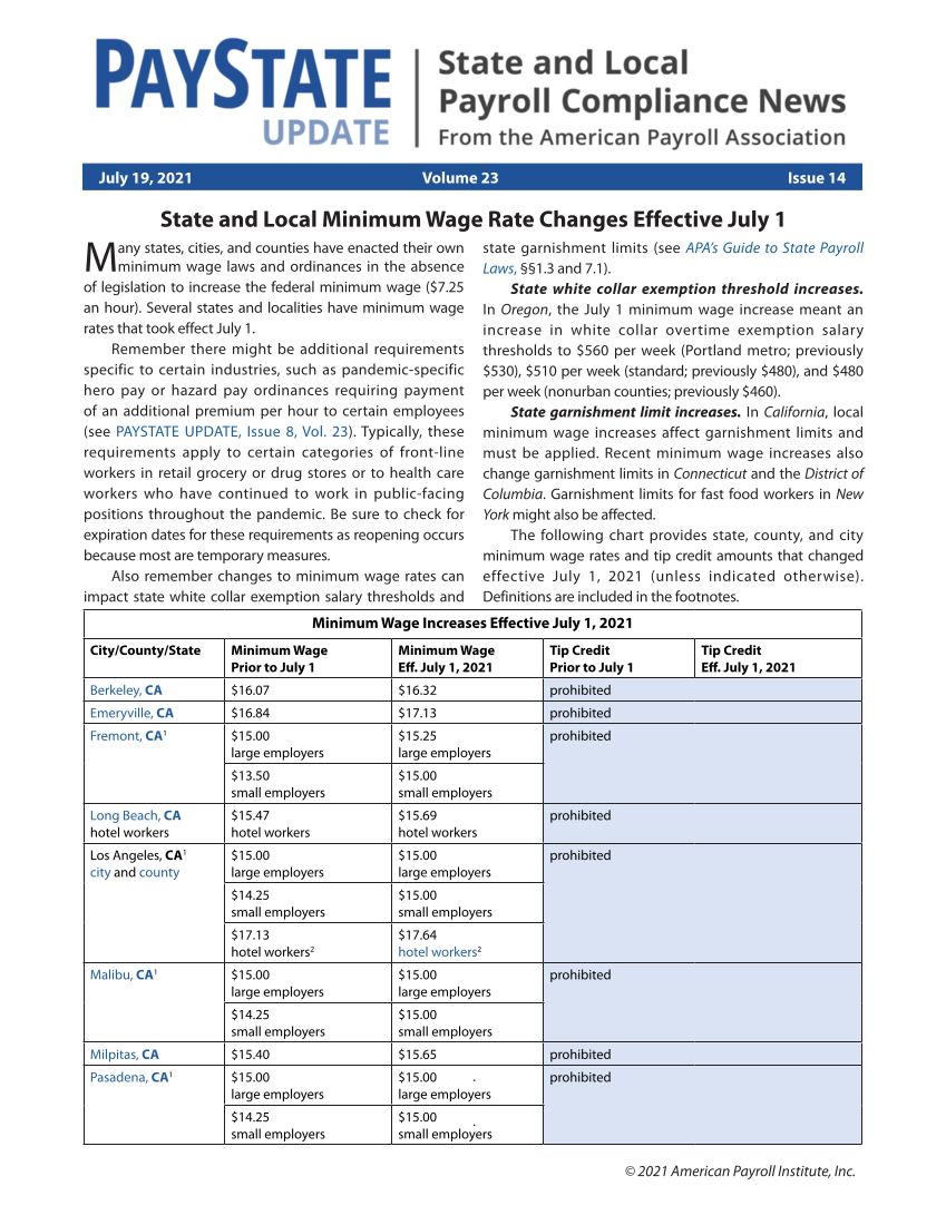 PayState Update, Issue 14, July 19, 2021 Page 1