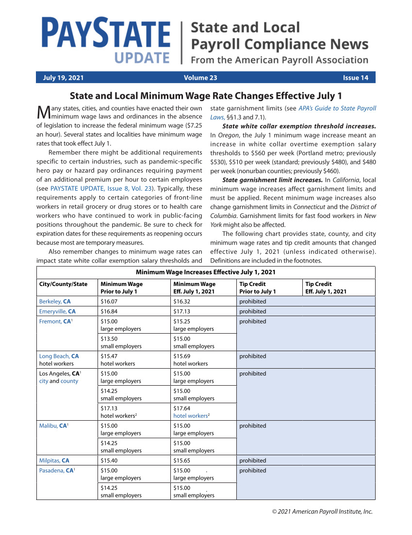 PayState Update, Issue 14, July 19, 2021 page 1