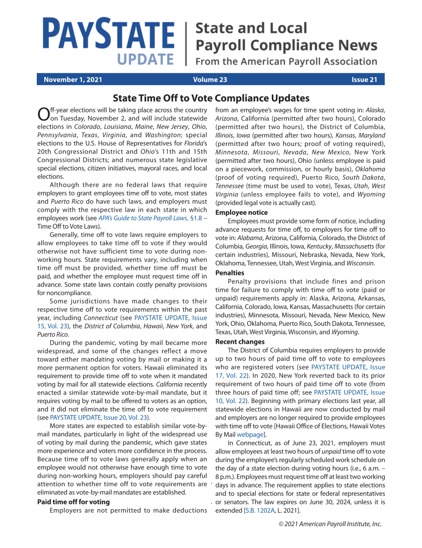 PayState Update, Issue 21, November 1, 2021 Page 1