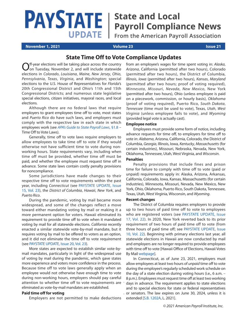 PayState Update, Issue 21, November 1, 2021 page 1