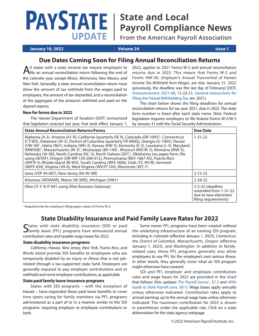 PayState Update, Issue 1, January 10, 2022 page 1