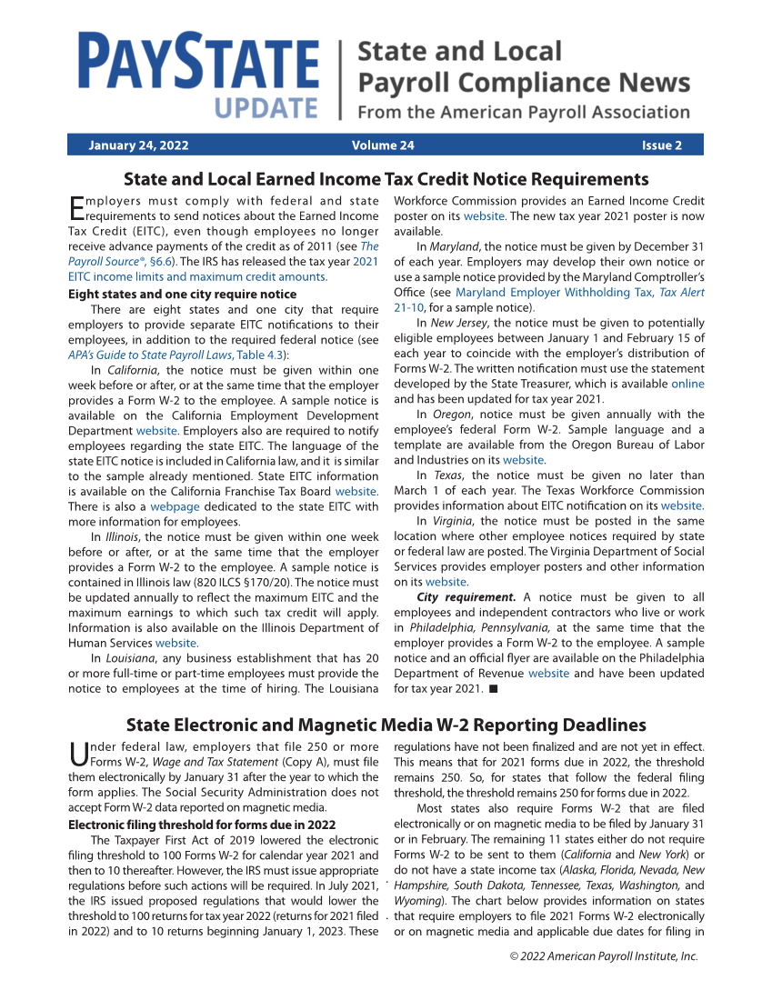 PayState Update, Issue 2, January 24, 2022 page 1