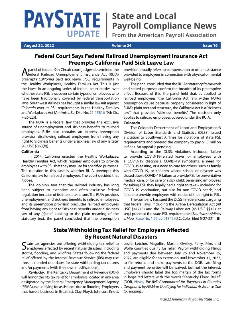 PayState Update, Issue 16, August 22, 2022 page 1