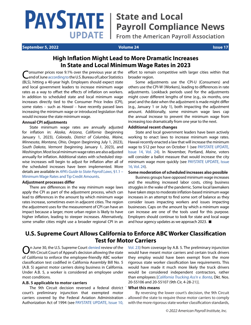 PayState Update, Issue 17, September 5, 2022 page 1