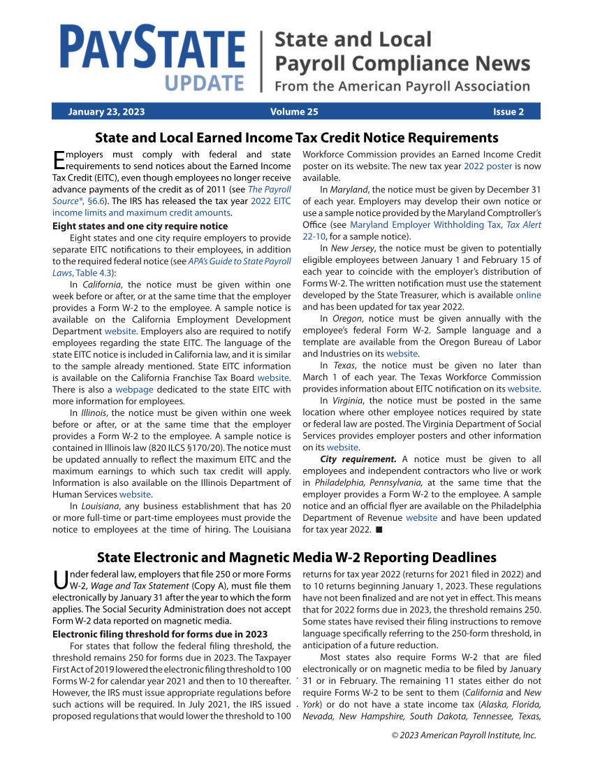 PayState Update, Issue 2, January 23, 2023 page 1