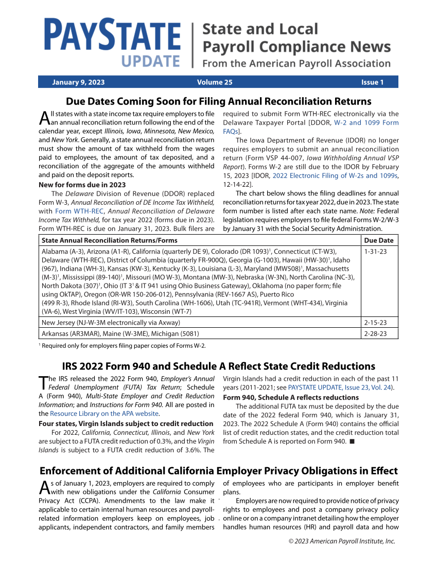 PayState Update, Issue 1, January 9, 2023 page 1