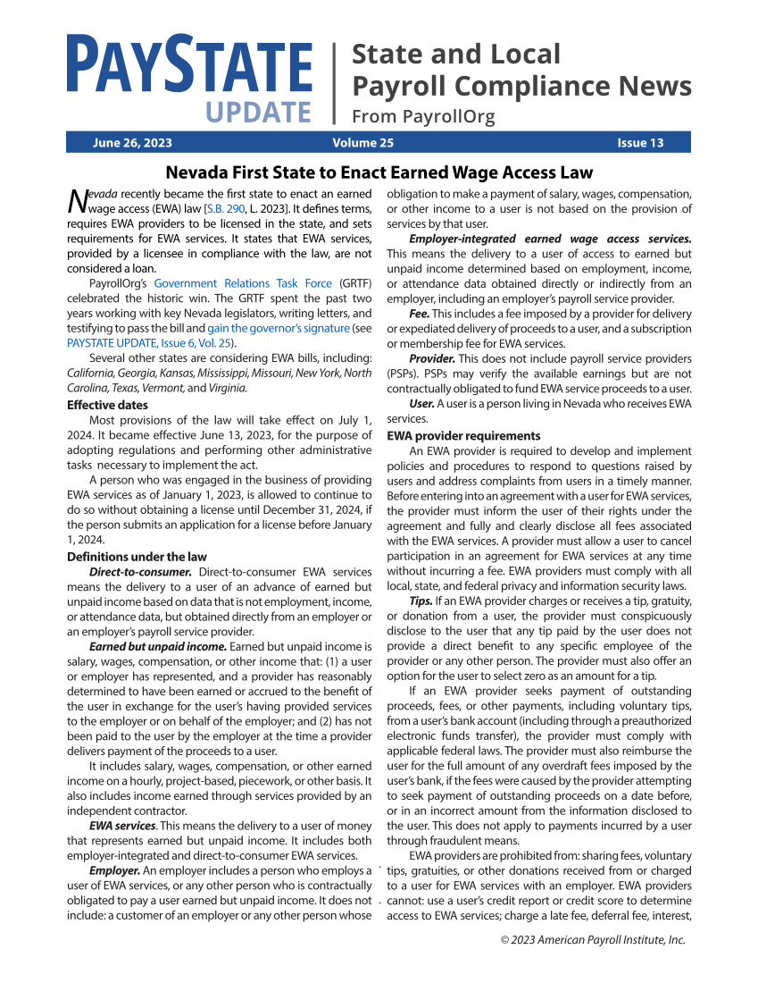 PayState Update, Issue 13, June 26, 2023 page 1