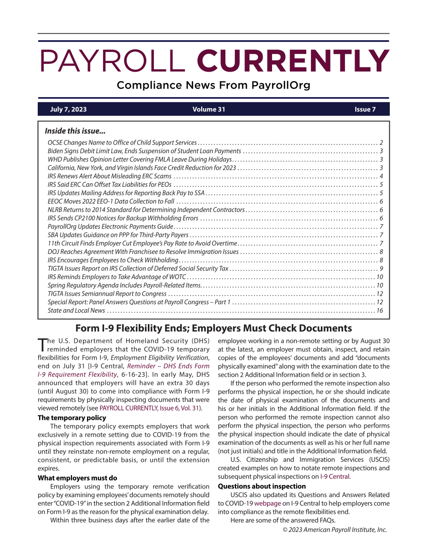 Payroll Currently, Issue 7, July 7, 2023 page 1
