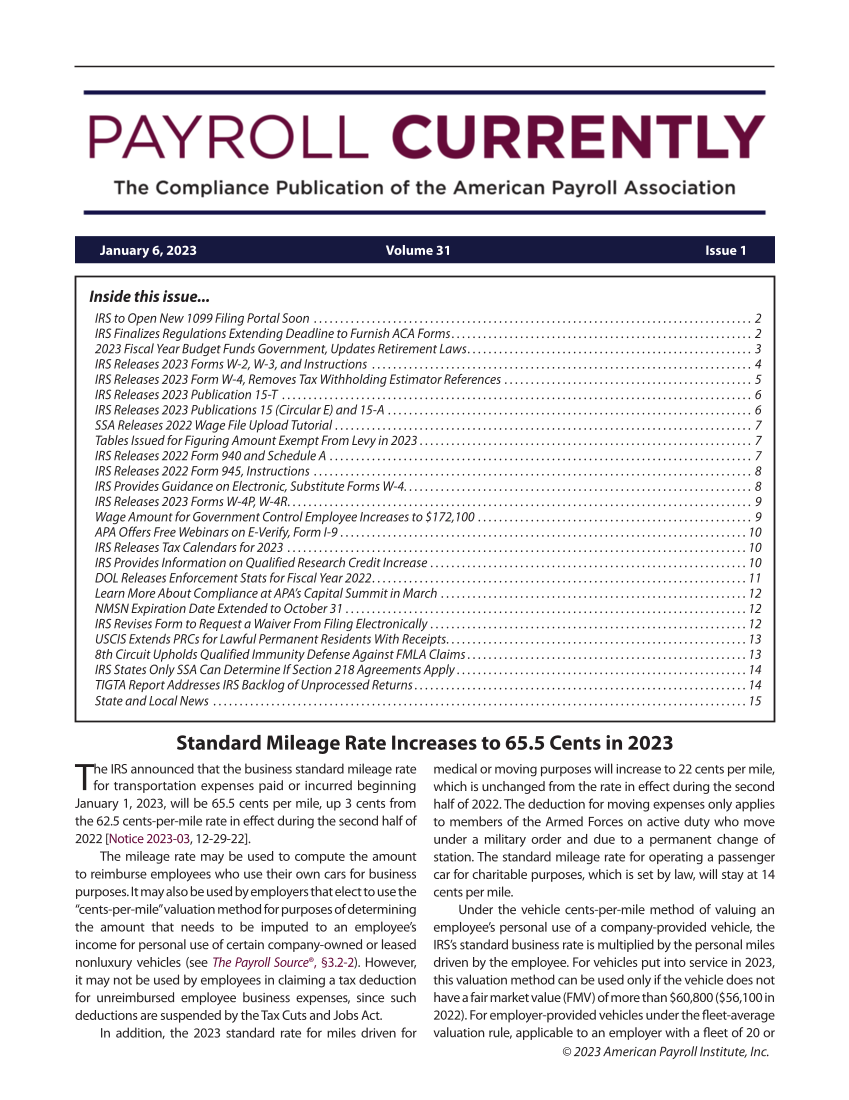 Payroll Currently, Issue 1, January 6, 2023 page 1