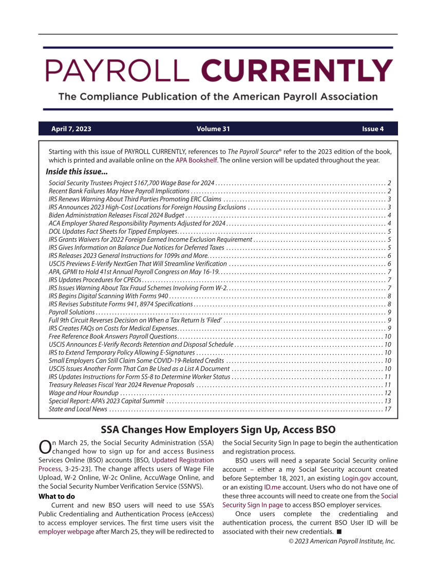 Payroll Currently, Issue 4, April 7, 2023 page 1