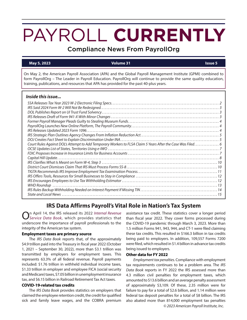 Payroll Currently, Issue 5, May 5, 2023 page 1