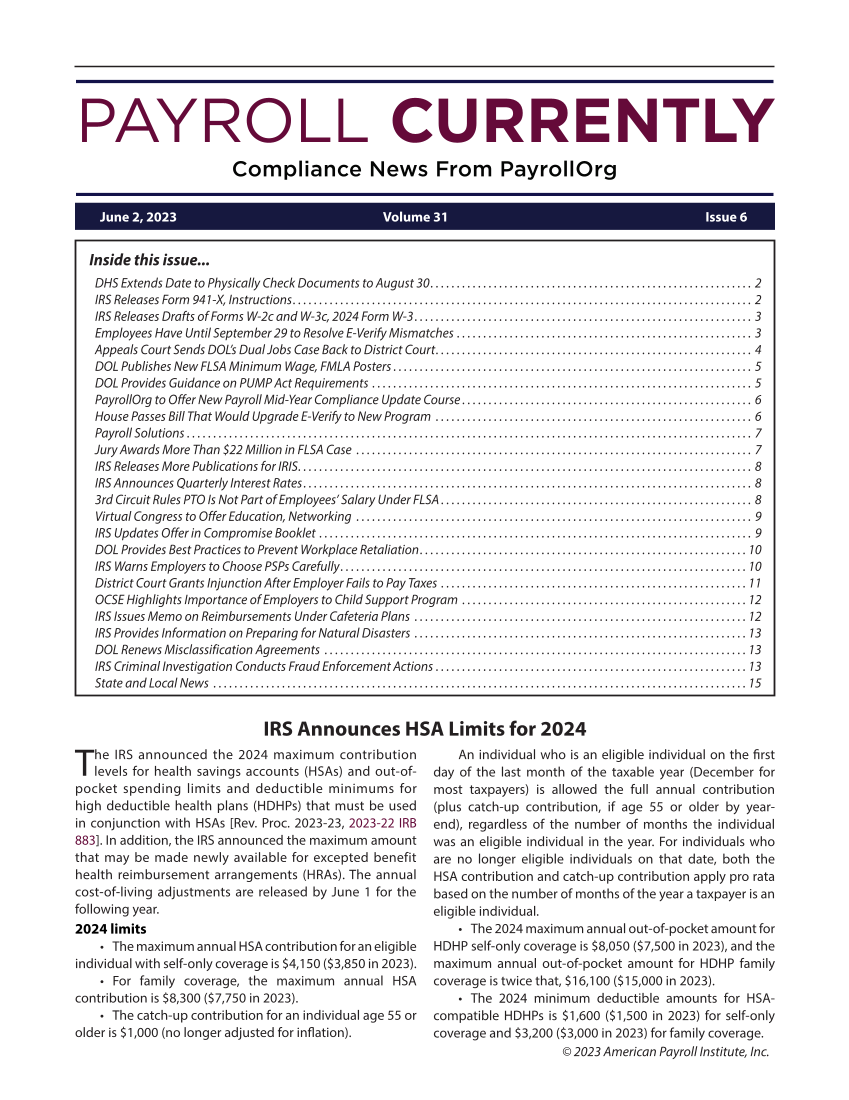 Payroll Currently, Issue 6, June 2, 2023 page 1