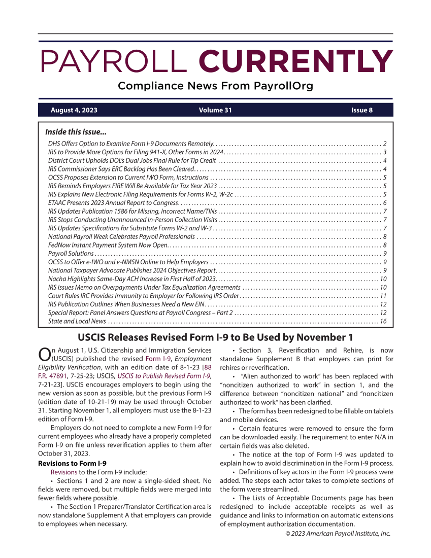 Payroll Currently, Issue 8, August 4, 2023 page 1