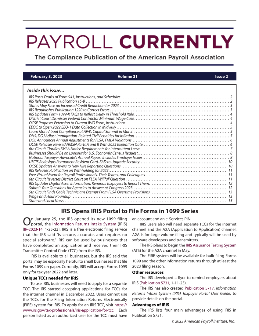 Payroll Currently, Issue 2, February 3, 2023 page 1