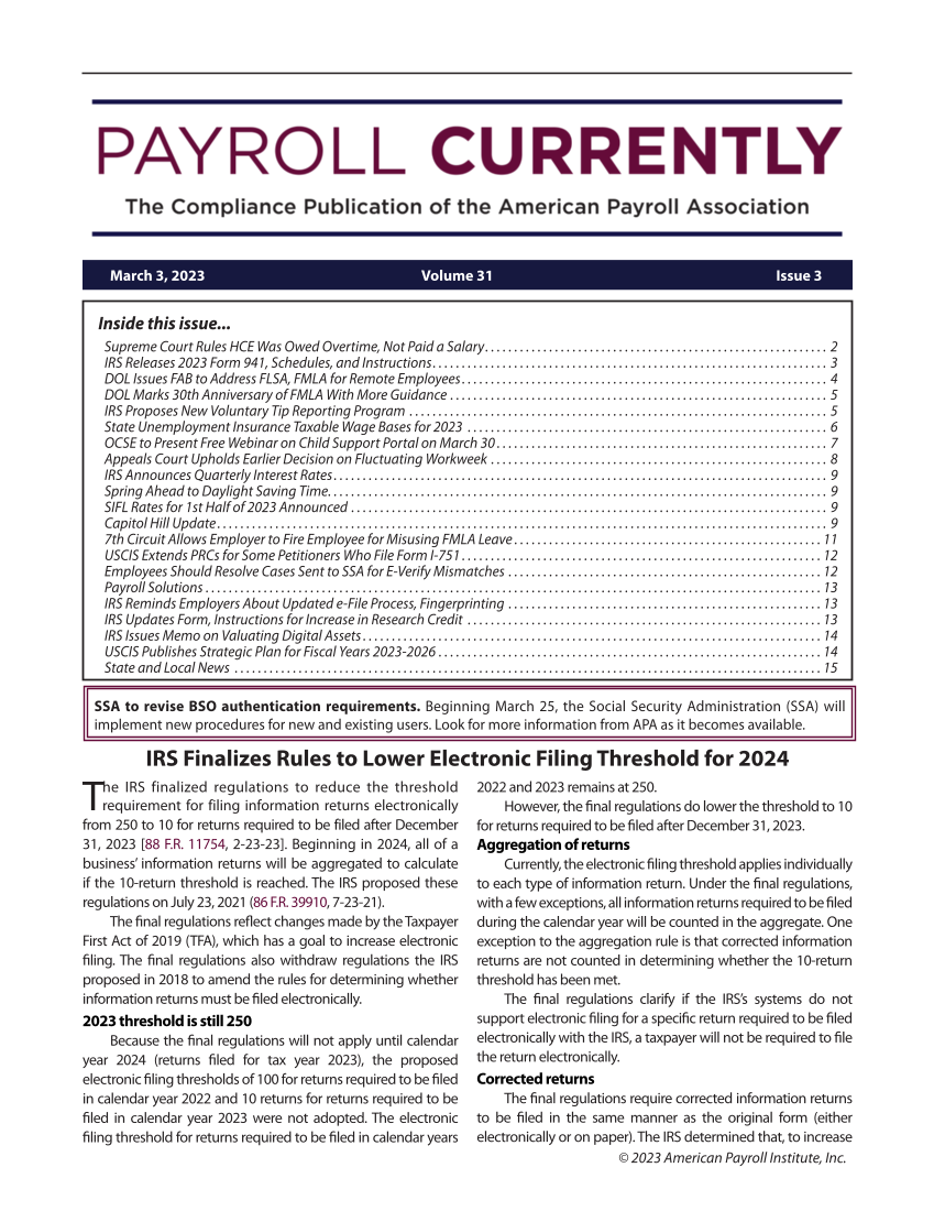 Payroll Currently, Issue 3, March 3, 2023 page 1
