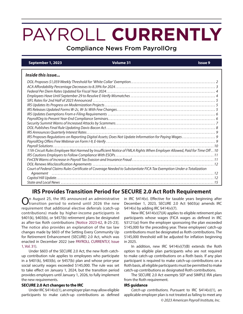 Payroll Currently, Issue 9, September 1, 2023 page 1