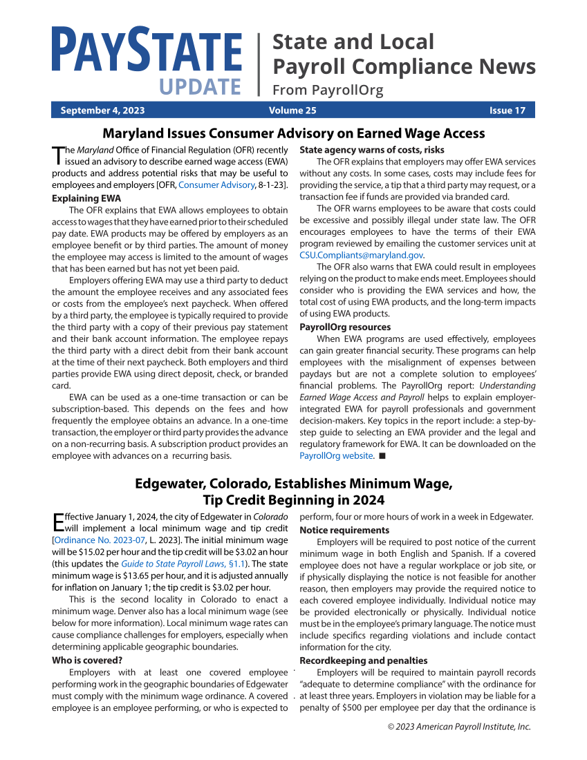 PayState Update, Issue 17, September 4, 2023 page 1