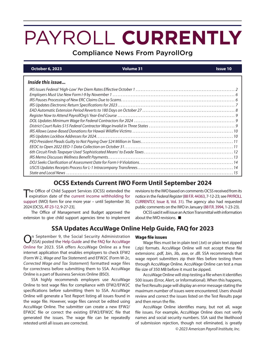 Payroll Currently, Issue 10, October 6, 2023 page 1