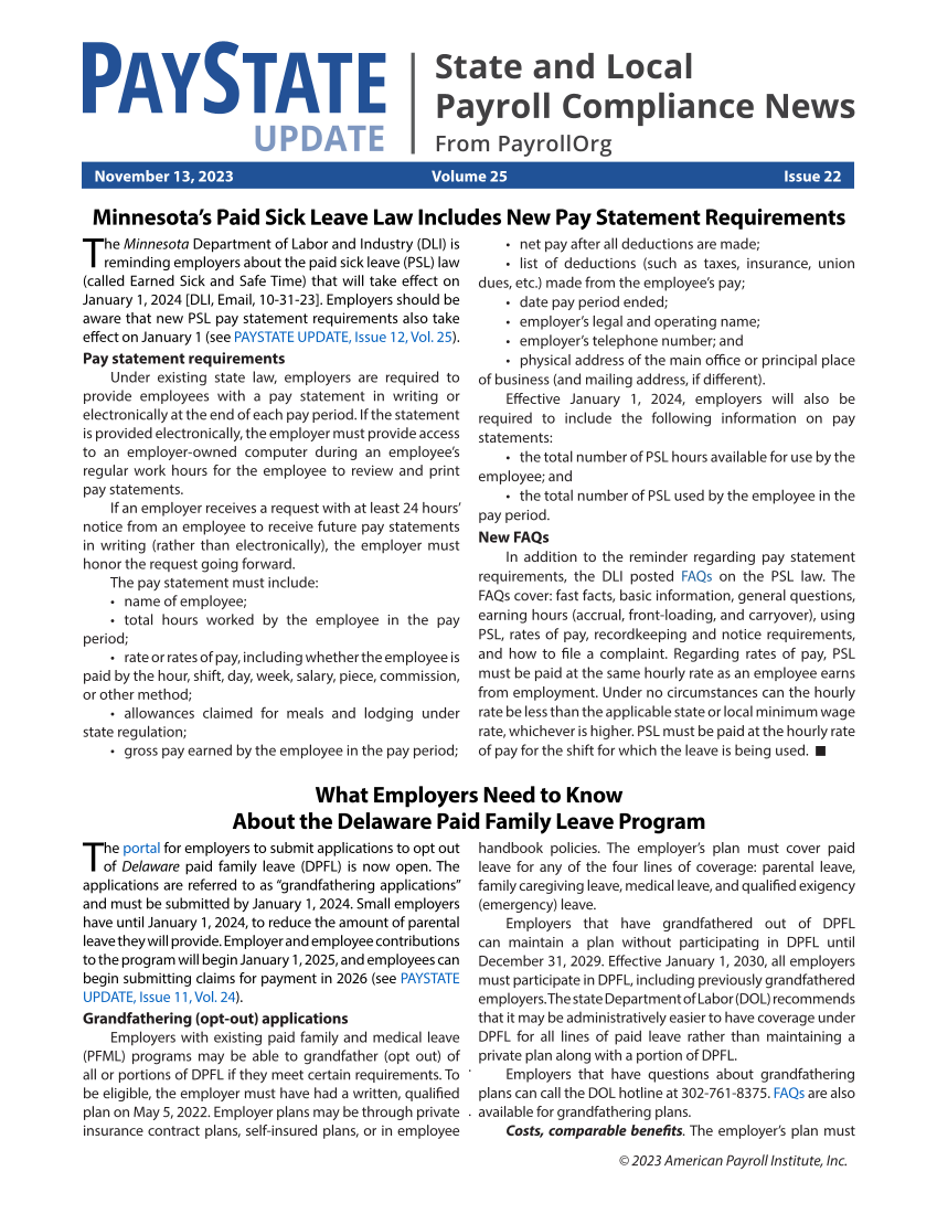 PayState Update, Issue 22, November 13, 2023 page 1