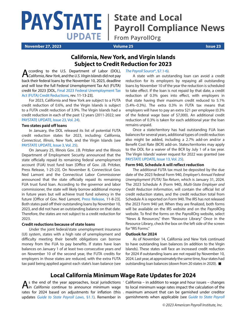 PayState Update, Issue 23, November 27, 2023 page 1