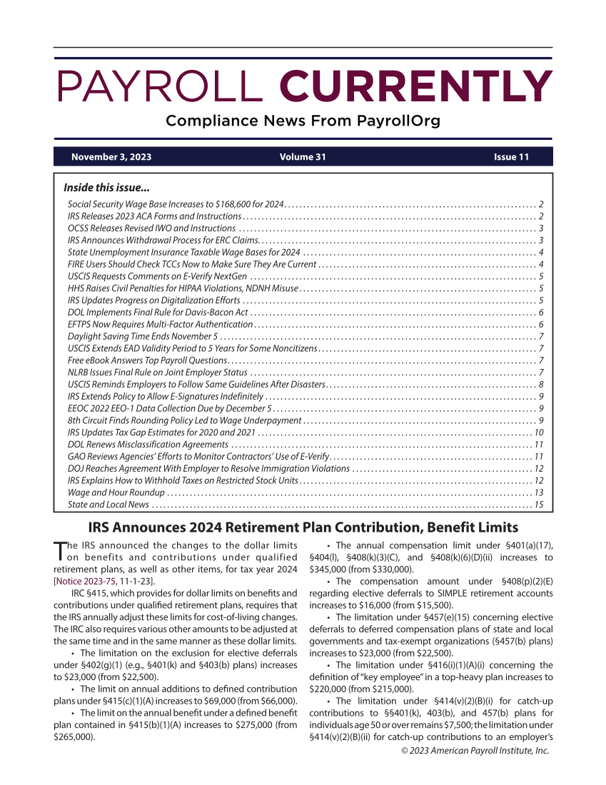 Payroll Currently, Issue 11, November 3, 2023 page 1