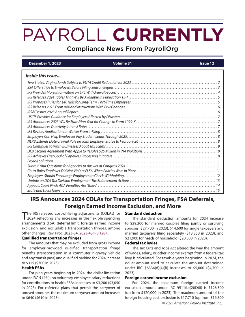 Payroll Currently, Issue 12, December 1, 2023 page 1